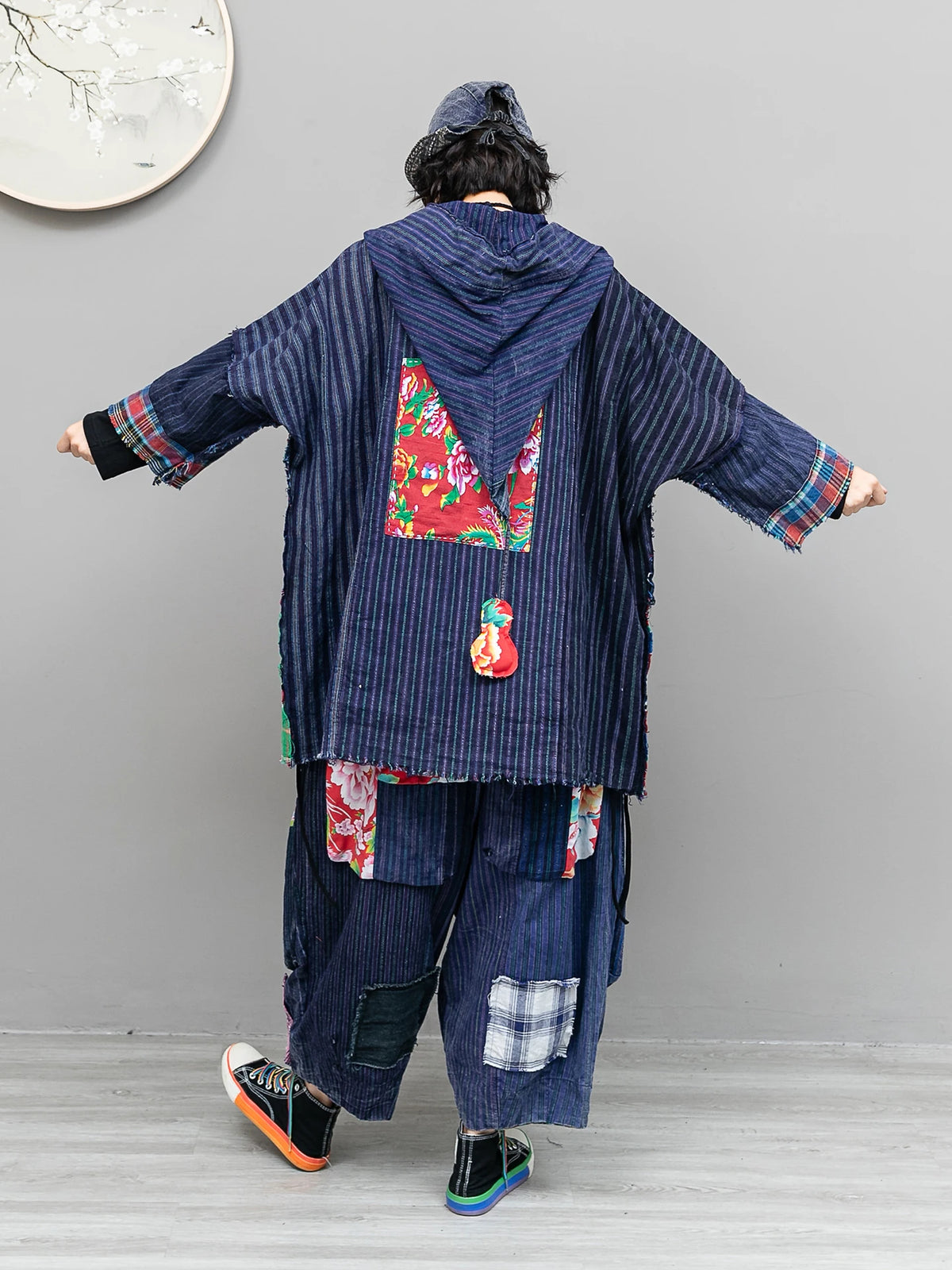 Set Niche Vintage-style Women Autumn Pant Set Cardigan Hooded Mid-length Coat + Loose Wide-leg Pants Two Piece Set LX6878