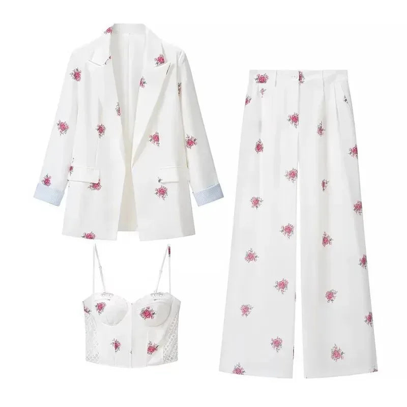 Spot-Floral Printed 3pcs Sets for Women Strap Corset Lapel Blazer Jacket Straight Pants Lady Set Fashion Vacation Outfits Suits