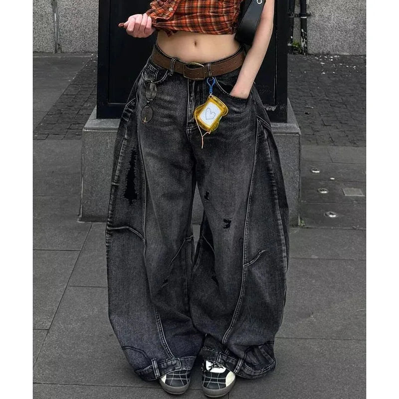 2026 Girls Chic Designer Wide Leg Jeans Women Streetwear High Waist Casual Trousers Lady Baggy Solid Thin Denim Pants