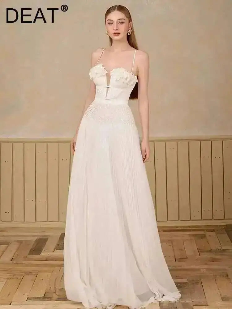 Dress Elegant Backless Party DEAT Elegant Dress Hollow Out Backless Camisole Pleated Flower High Waist Women's Party Dresses 2026 Spring Fashion 13DB5083