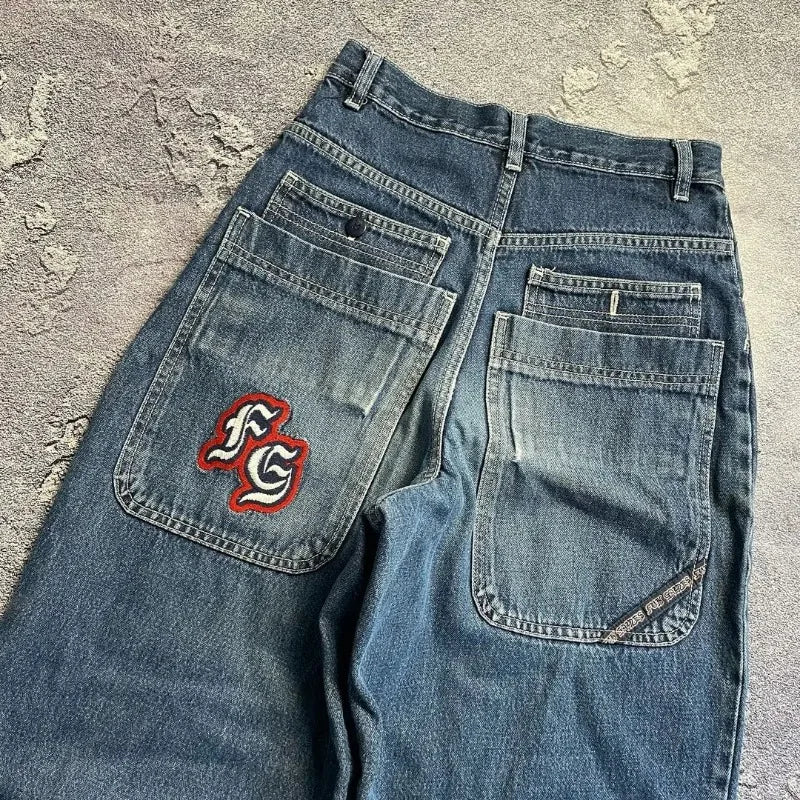 Streetwear Y2K Harajuku hip-hop letter embroidery black loose jeans for men and women fashion retro trend sports trousers