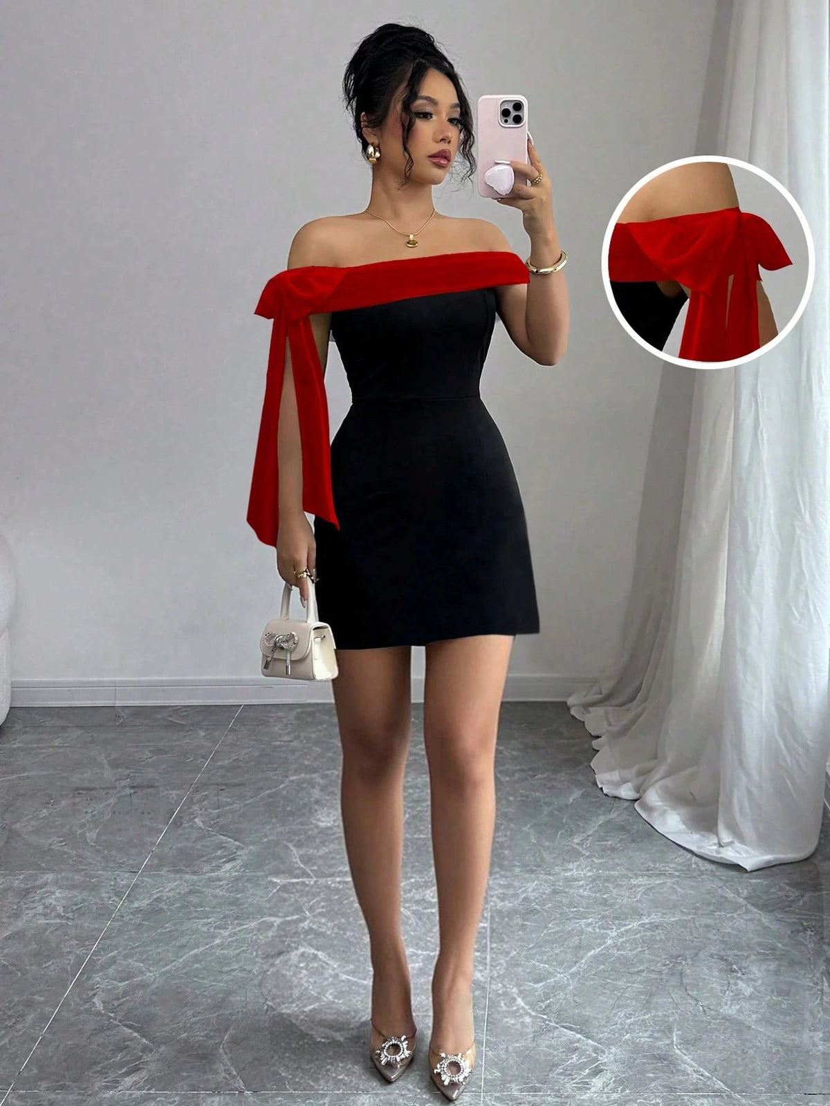 Dress Red Elegant Party Women Off Shoulder Mini Dress Red Big Bow Spliced Bodycon Short Dresses Elegant Slim Fit Black Little Dress Night Club Party Birthday Outfits Evening Gown