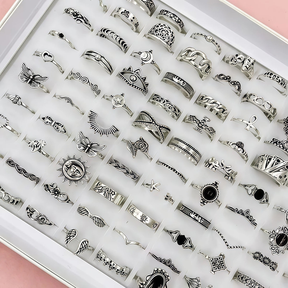 12/24/36/48/100Pieces Vintage Stone Hollow-Out Rings Set For Women Mix Style Retro Heart Butterfly Daily Jewelry Party Gifts