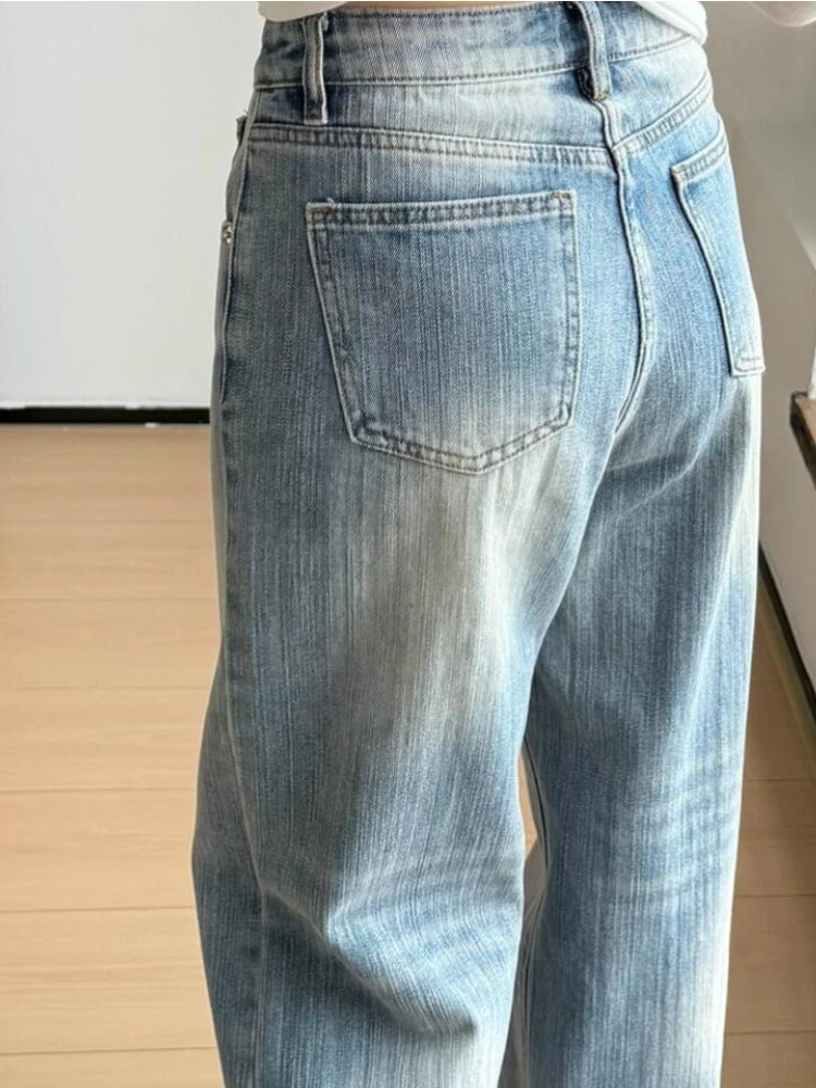 Vintage Slub Curved Wide Leg Jeans Light Wash High Waist Figure Flattering Straight Floor-length Autumn Winter Women Denim Pants