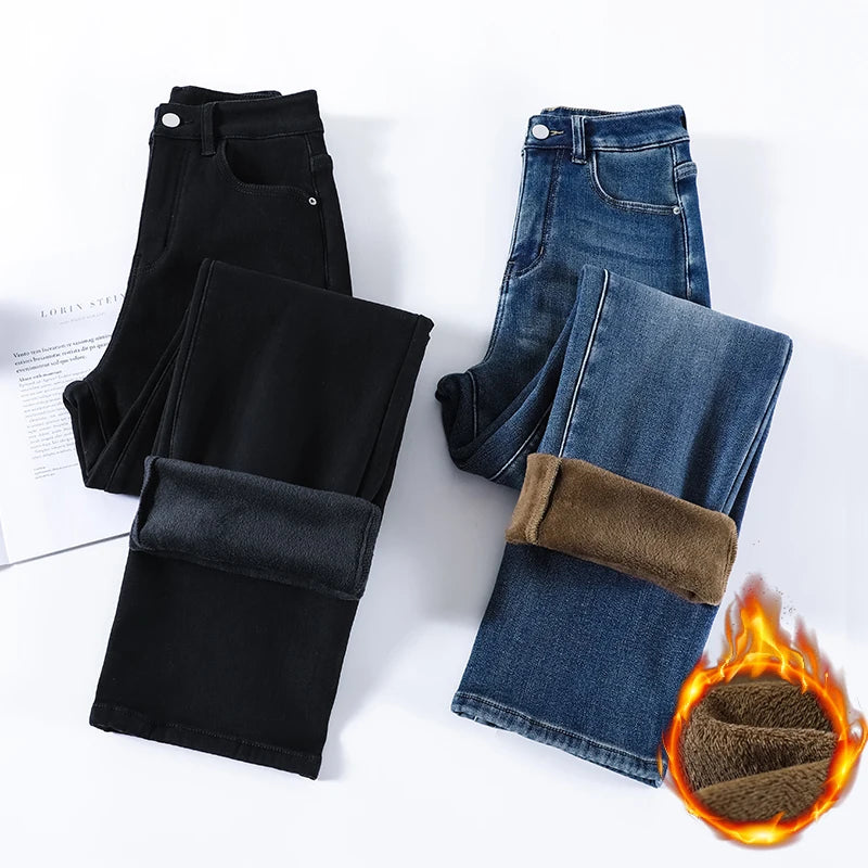 Women's Winter Fleece Jeans Thicken Warm Soft Loose Straight Korean Denim Pants Female Fashion Plush Velvet Wide Leg Pants