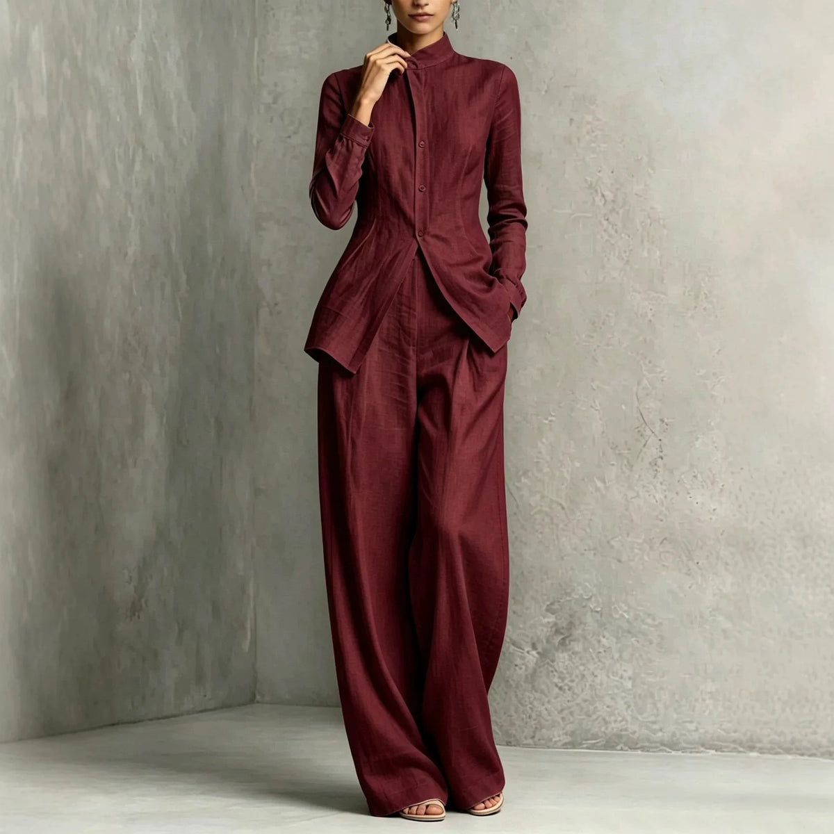 Women Linen 2 Piece Outfit Set Stand Collar Long Sleeve Slim Shirt High Waist Wide Leg Pants Elegant Office Business Suit
