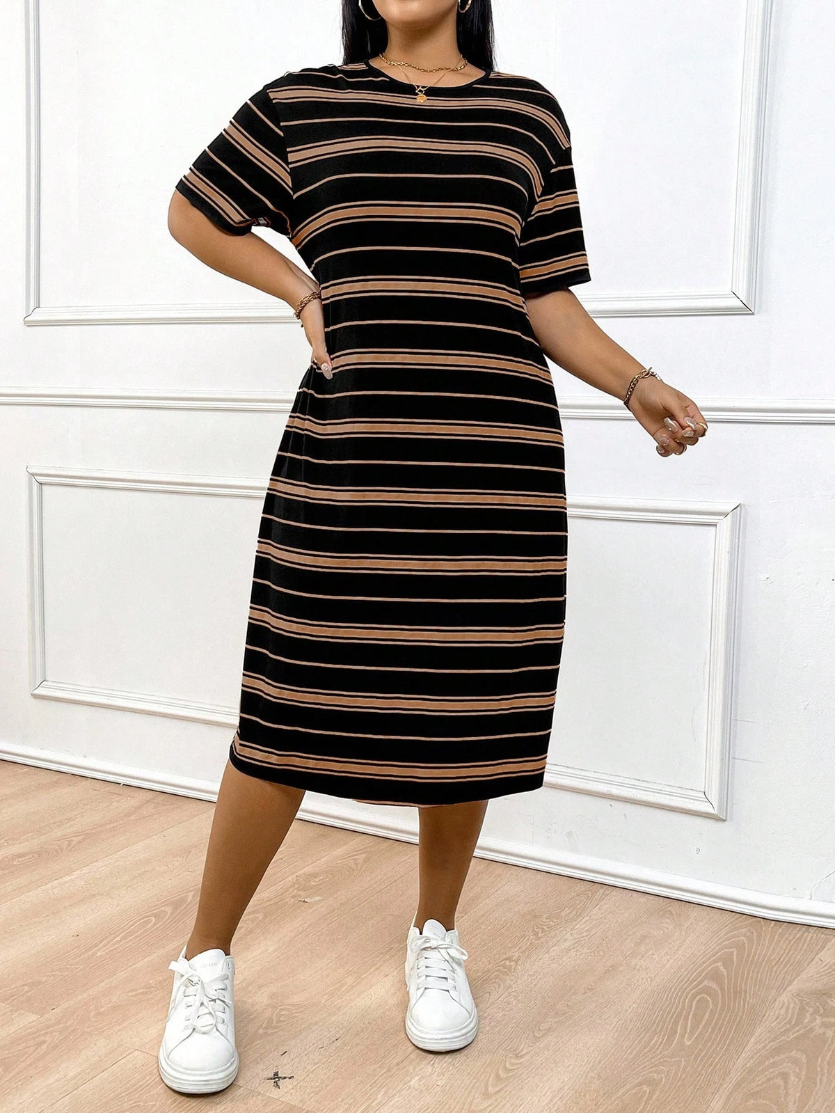 Stripe Pattern Printed Women T-shirt Dress Summer Fashion High Quality Casual Sport Loose Short Sleeve Round Neck Pullover Dress
