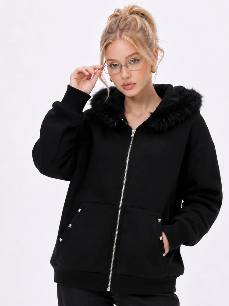 Women Oversized Zip Up Aesthetics Hoodie Winter Faux Fur Hooded Sweatshirt Y2K Streetwear Casual Warm Hoodie