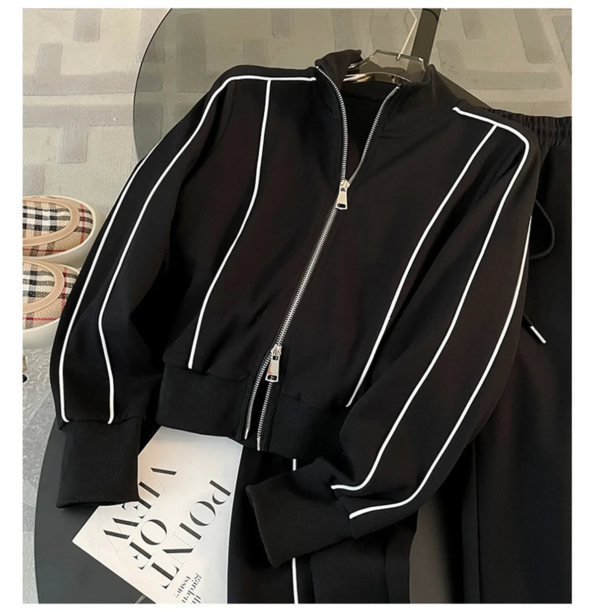 Autumn Winter Coat And Pant Set Women Fashion Zipper Long Sleeve Coat Wide Leg Drawstring Trousers Female Casual 2 Piece Sets