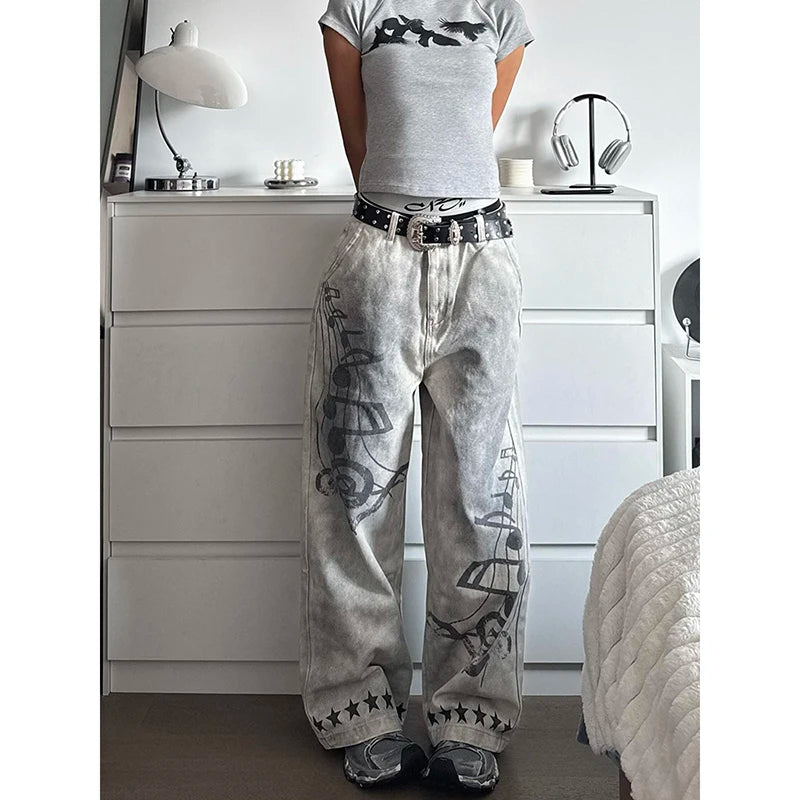 YIBASHU Women Baggy Jeans Y2k Japanese Streetwear Cyber Punk White Denim Pants Grunge Harajuku Cowboy 2000s Wide Fit American