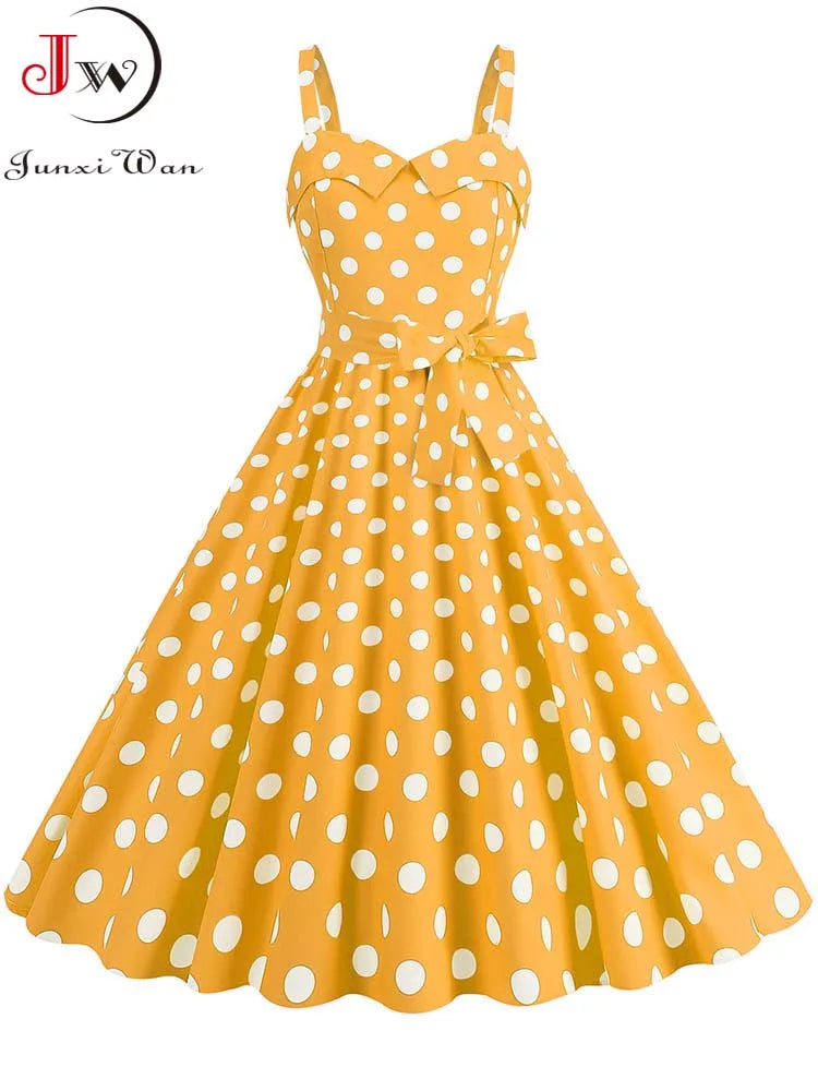 Polka Dot Party Dress Elegant Women Summer Puff Sleeve Square Collar Elastic Waist Vintage Midi Sundress Casual Beach