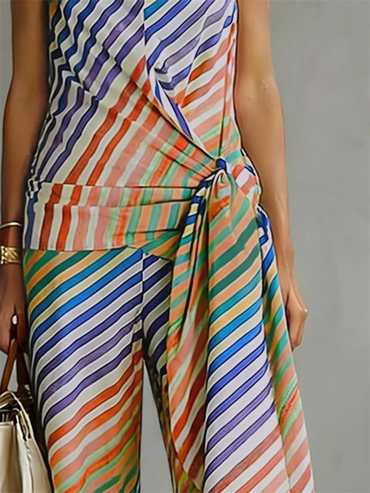 UOOZEE 2026 Women Evening Contrast Color Striped Matching Set Sleeveless Backless Halter-Neck Vest Top & Palazzo Pants Sets