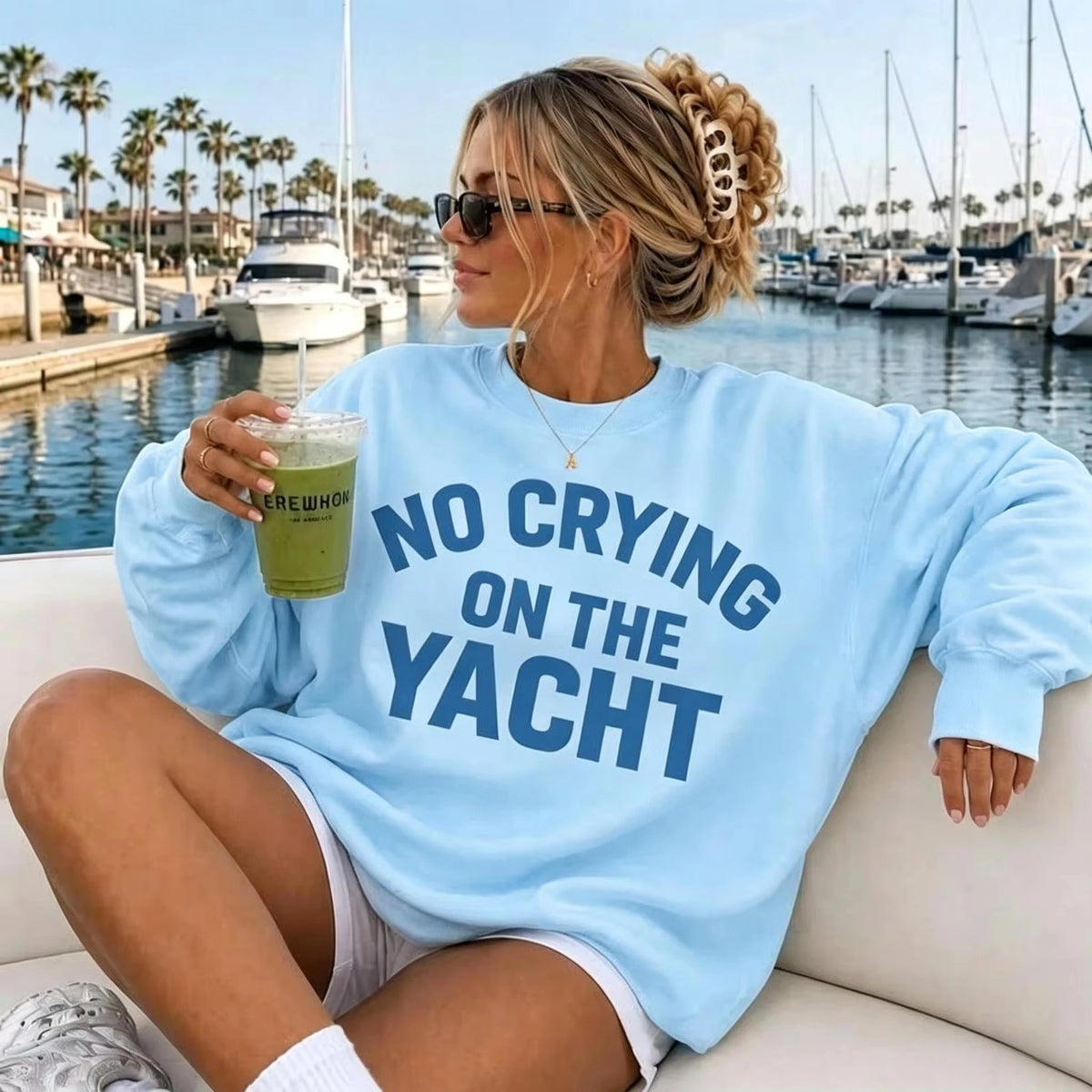 2026 Fashion New Women Crew Neck Pullover Sweatshirt, Oversized Loose Fit Retro Millennium Style, "No Crying On The Yacht" Lake Life Graphic Print, Cute Long Sleeve Tops for Summer Fall Daily Basic Top