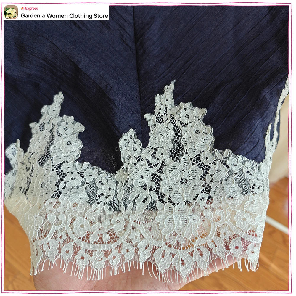 Elegant Women Lace Trim Skirt Sets Summer Co-ord Set High-Neck Combined Lace Cropped Top Matching Tonal Elastic Waist Midi Skirt