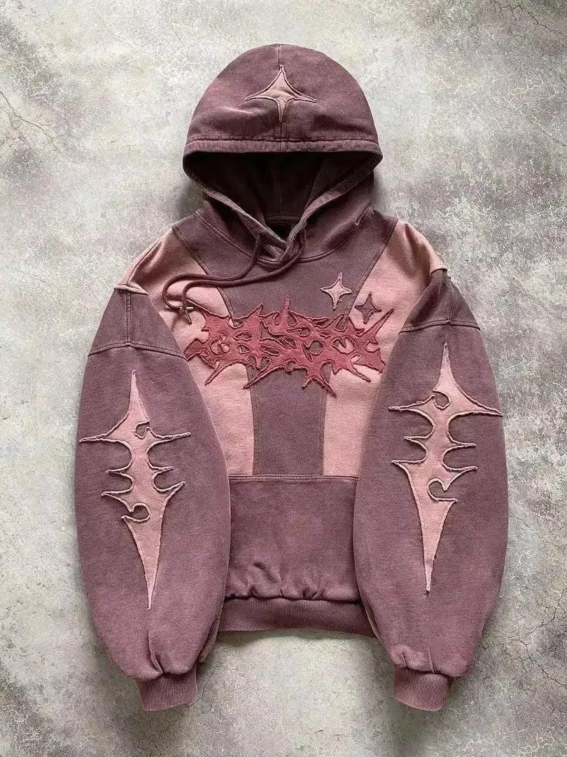 Y2K Gothic Oversized Hoodie Star Patch Embroidery Color Contrast Spliced Sweatshirt Hip Hop Streetwear Loose Pullover For Men Wo