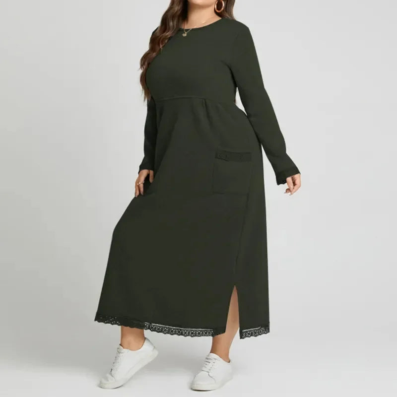 Plus Size 0XL-5XL Women's Fall Loose Fashion Dress Knitted Lace Long Dress Padded Sweater Casual Dress Sports Dresses