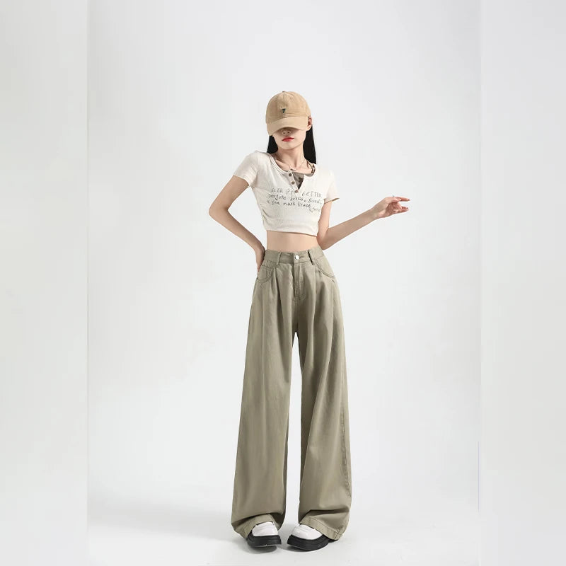 2026 Women's High Waist Wide Leg Jeans Lyocell Fabric Spring Summer Thin Loose Fit Pleated Denim Pants with Draped Straight