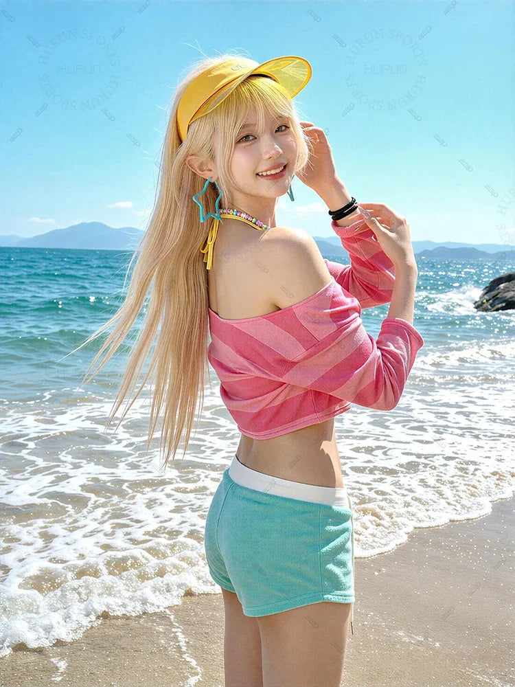 Circyy Striped Swimwear Women Bikinis Set Backless 3-pieces Korean Cute Sweet Girls Shorts Swimsuit Beach Long Sleeve Cover-Ups