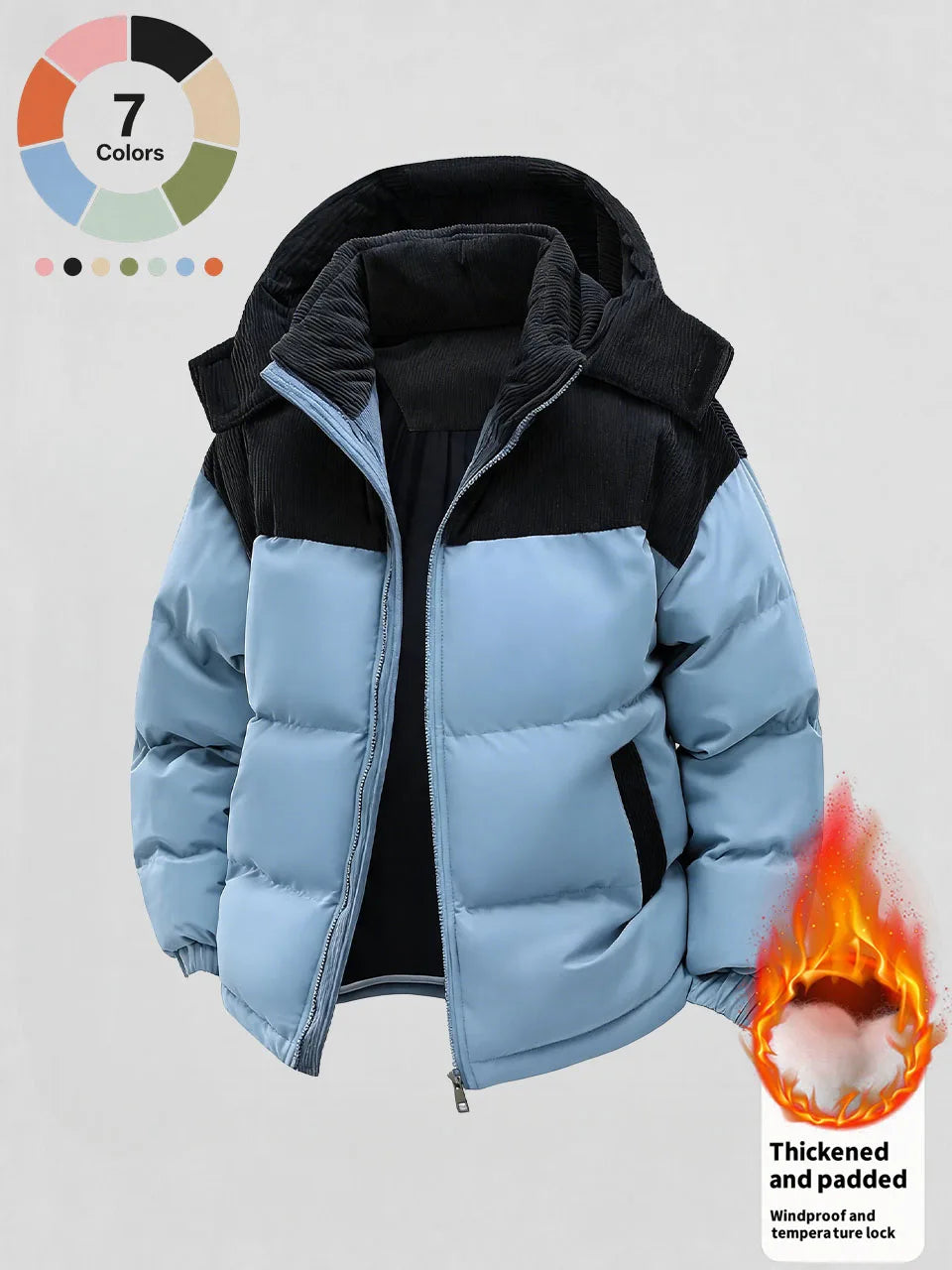 Men's Winter Detachable Hooded Cotton Jacket, Corduroy Color-Blocking Patchwork Cotton Coat, Thick Padded Windproof Loose Outdoor Casual Men's Jacket, Multiple Colors Available