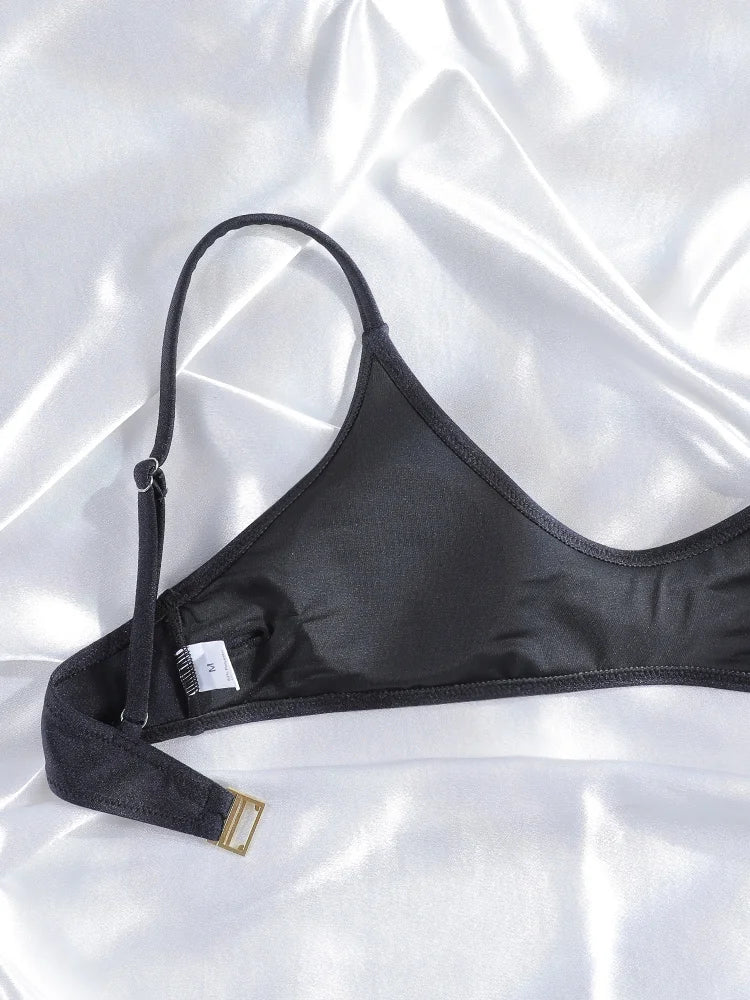 Rinade String Bikini Push Up Bikinis Black Solid Swimwear High Cut Swimsuit Sexy Swimsuits Vacation Swimsuit Two-Piece Beachwear