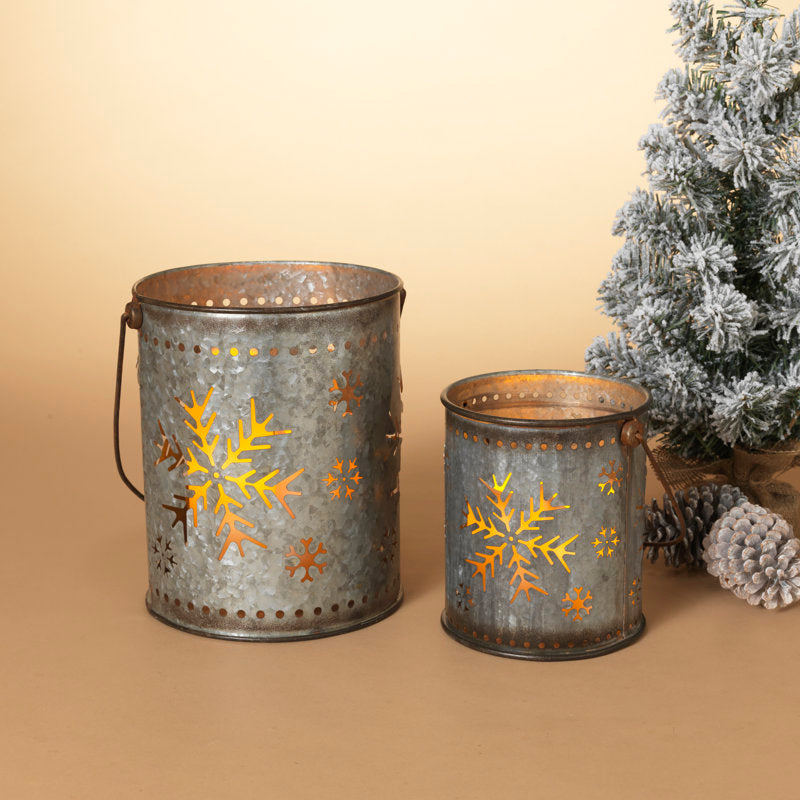 Set of 2 Nesting Metal Galvanized Snowflake Luminaries