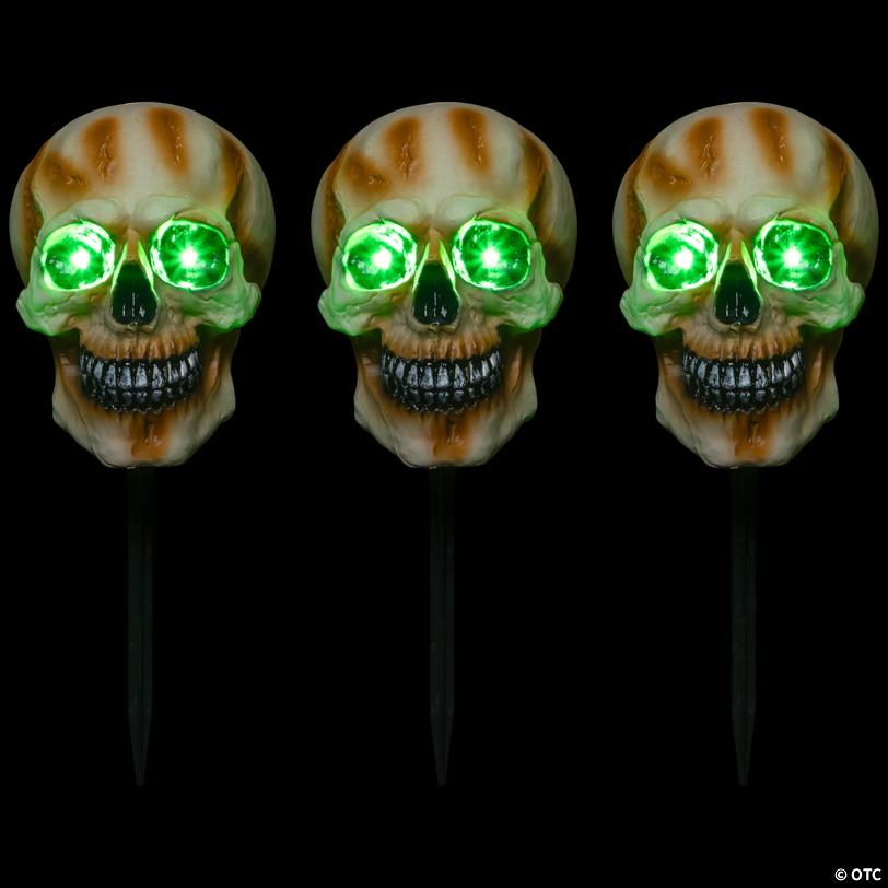 Set of 3 Lighted Skeleton Head Halloween Pathway Markers with Sound - Battery Operated