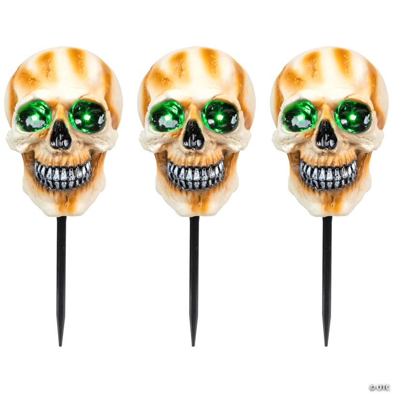 Set of 3 Lighted Skeleton Head Halloween Pathway Markers with Sound - Battery Operated