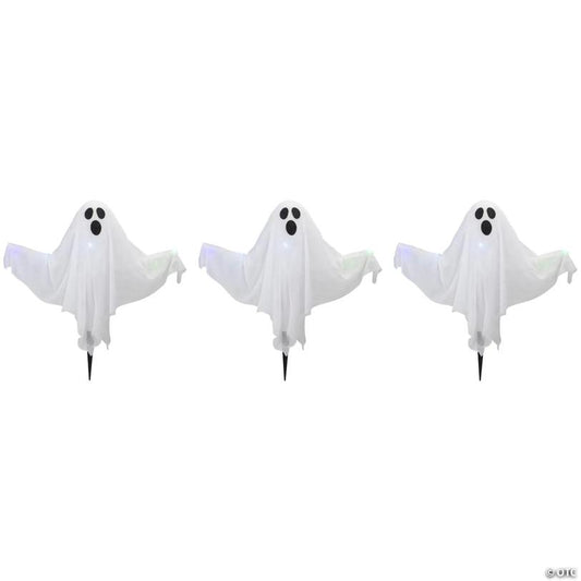 Set of 3 Lighted White Ghost Halloween Lawn Stakes