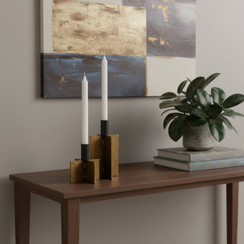 Set of Two Black And Antiqued Gold Distressed Geometric Metal Tabletop Taper Candle Holders