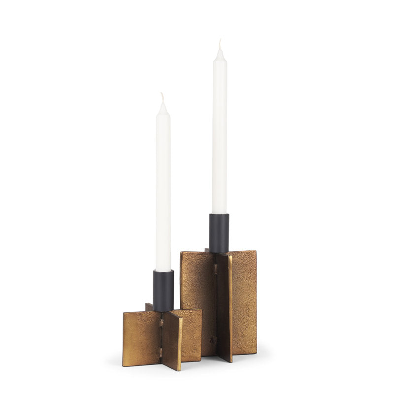 Set of Two Black And Antiqued Gold Distressed Geometric Metal Tabletop Taper Candle Holders