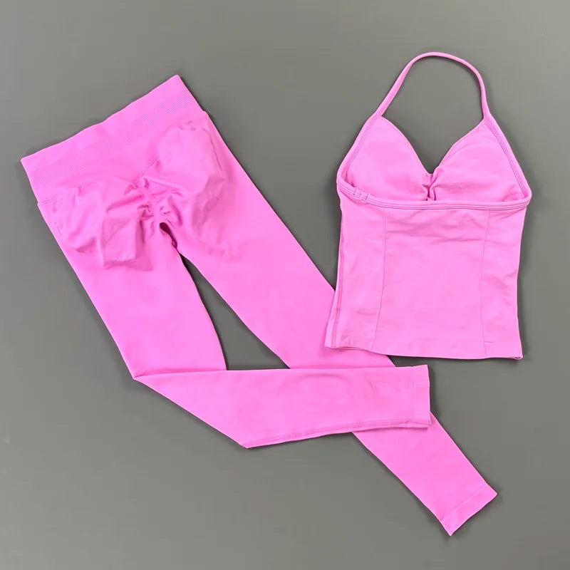 HISTELLO 2 Piece Gym Leggings Set Women's Yoga Longline Strappy Top Seamless Fitness Clothing Running Workout Sports Tops Outfit