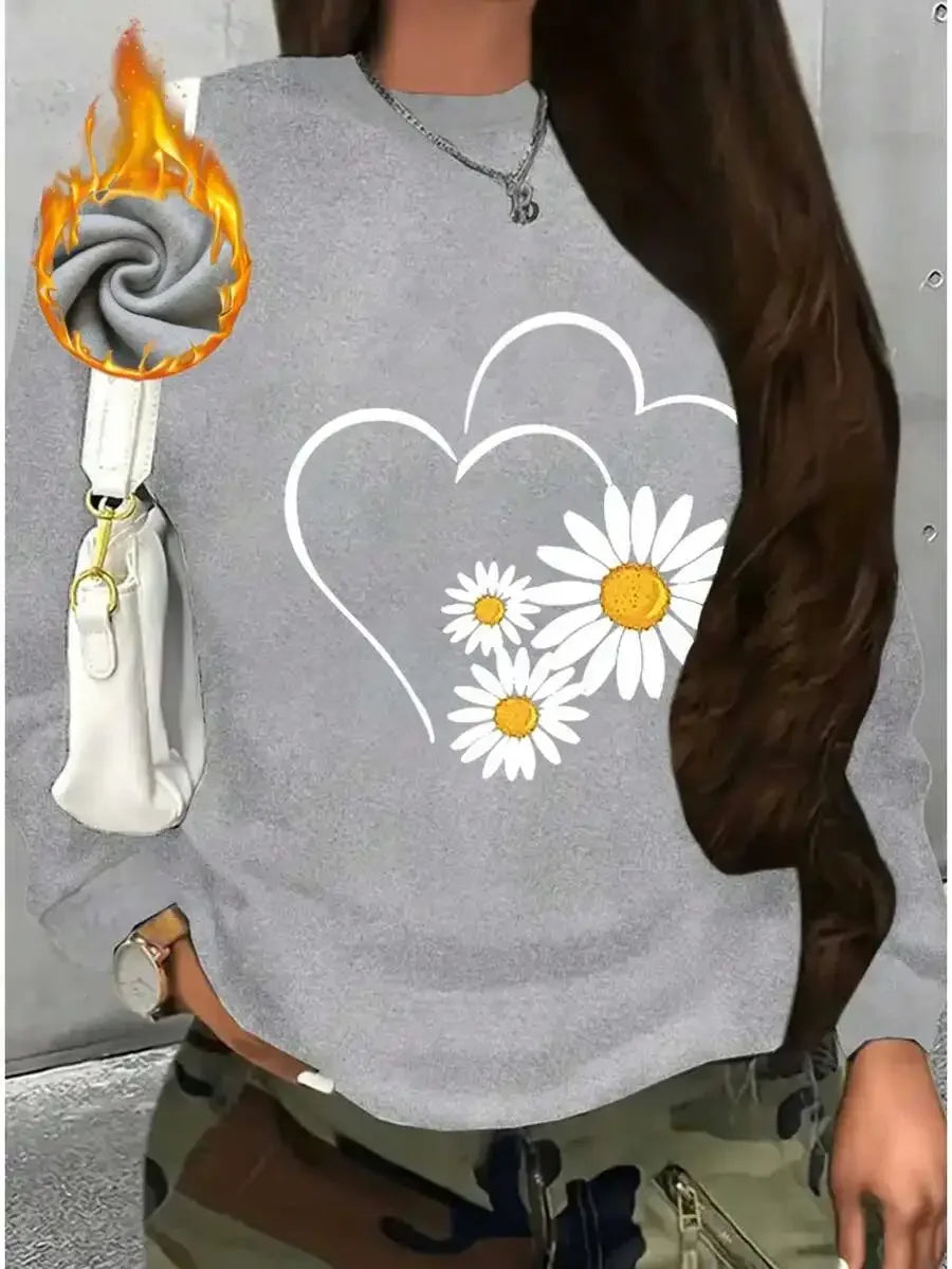 2026 Fashion New Women Crew Neck Pullover Sweatshirt, Thick Lined Cartoon Daisy Print, Warm Long Sleeve Tops, Cold Weather Daily Casual Outfit Basic Top