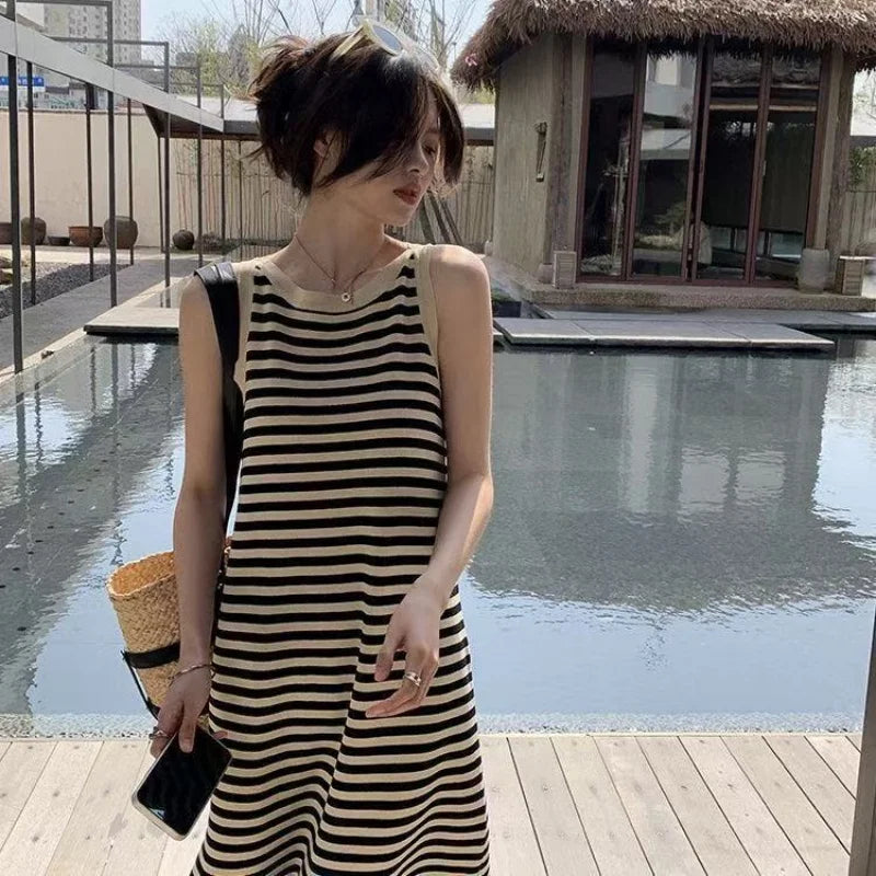 Ice Silk Slim Fit Knitted Vest Dress Summer 2026 Casual round Neck Sundress with Hanging Neck Strap Stripe Pattern for Women