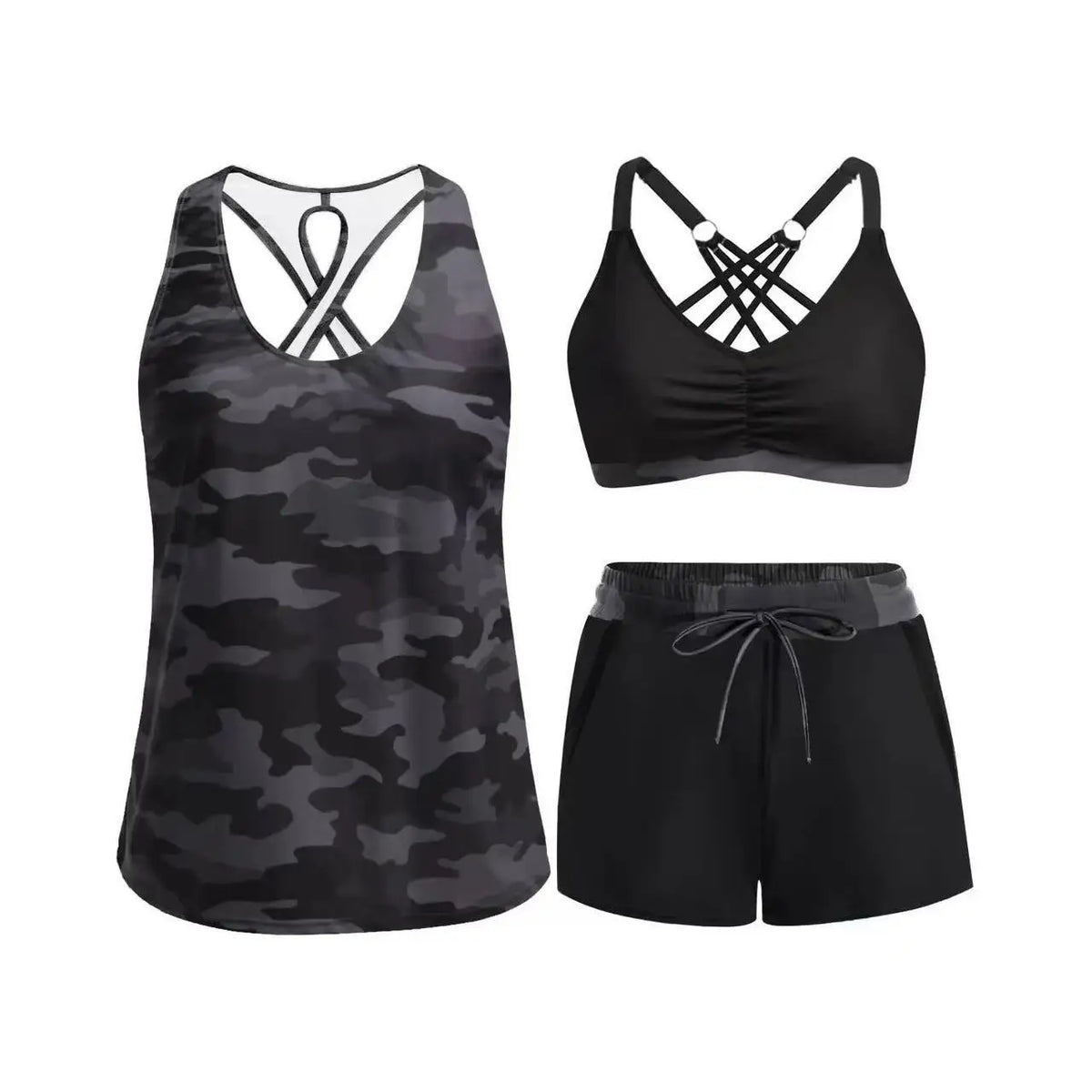Women Palm Leaf Print 3 Piece Tank Bikini Set Criss Cross Back Top Drawstring Boyshort Swimsuits Bathing Suits Beach Swimwear