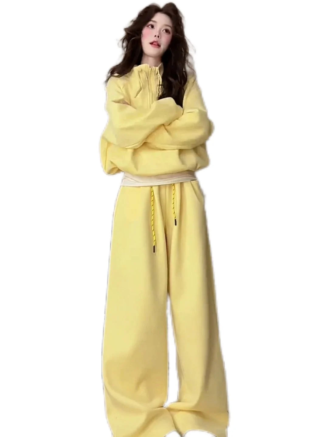 Korean Style Women's Fleece Lined Hoodie And Pants Set Casual Sporty High Collar Two Piece Suit for Autumn Winter Leisure