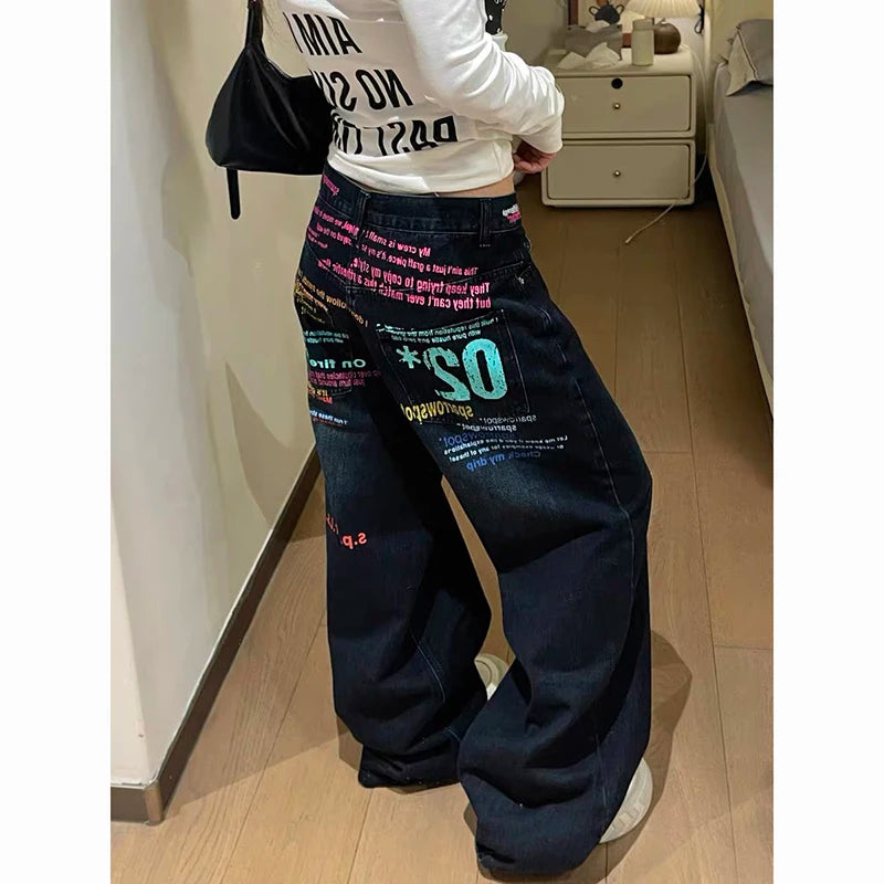 ZHIZOU Women Blue Gothic Y2k Oversize Jeans Harajuku Vintage Wide Leg Denim Trousers Aesthetic 2000s Style Boyfriend Jeans Pants