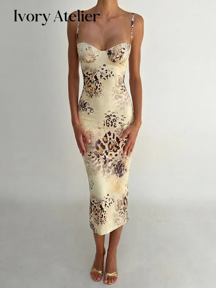 Casual Dress Women Leopard Print Midi Dress 2026 Sweetheart Ruched Spaghetti Strap Bodycon Dresses Summer Party Vacation Club Casual Gowns