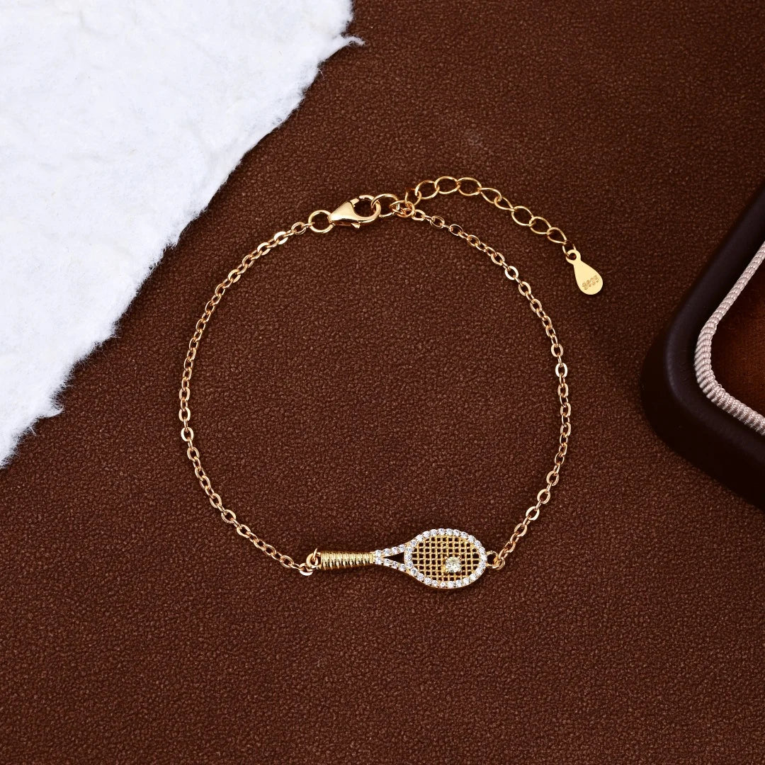 S925 Sterling Silver Inlaid Zircon Tennis Racket Pendant Necklace and Bracelet Set - Women's and Girls' Jewelry Accessories SL56