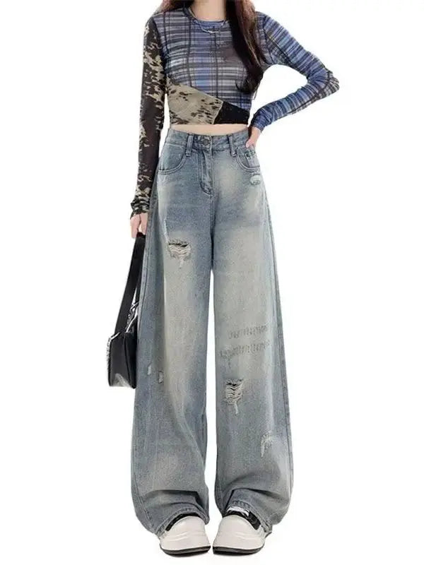 Retro American Washed Denim Jeans High Waist Loose Slim Straight Leg Wide Leg Long Pants Women Summer Style Casual Jeans