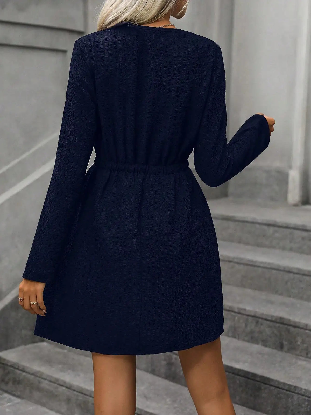 Women's Navy Blue Drawstring Waist Dress, Casual Long Sleeve Button Down Shirt Dress, V-Neck A-Line Mini Dress For Ladies