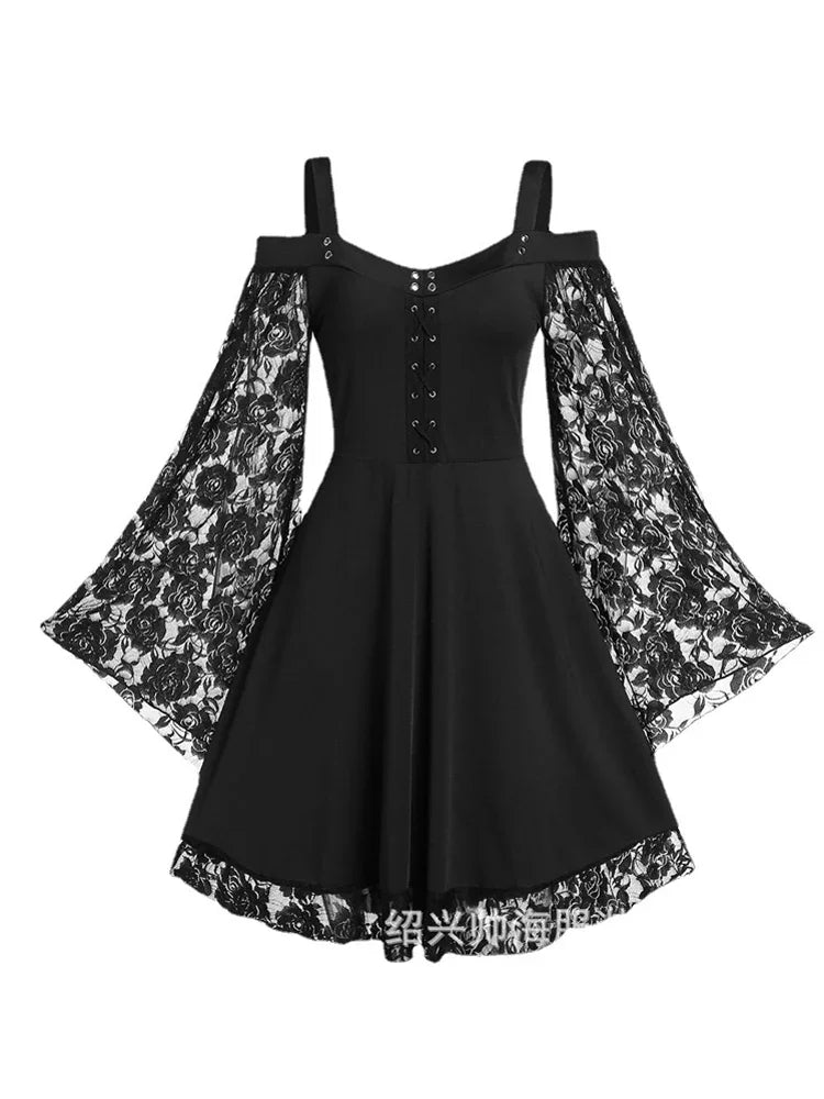 Dress Gothic Lace 2022 Gothic One-shoulder Lace Stitching Flared Sleeve Dress Literary Vintage Autumn Grunge Black A-line Dress Punk Partywear