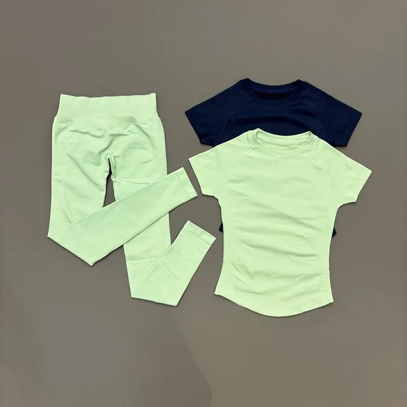 2 Pieces HISTELLO Sportswear Set Women Short Sleeve Seamless Low Waist Leggings Gym Yoga Fitness Running Daily Workout Sets