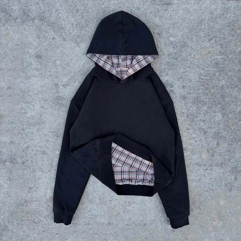 casual unisex American hip hop plaid hooded loose top long sleeve Y2K vintage warm comfortable Joker Two-sided pullover