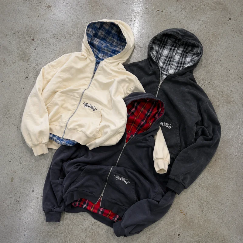 Unisex Reversible Zip Up Hoodie Double Side Wear Plaid Lining Sweatshirt Oversized Casual Streetwear Hooded Top