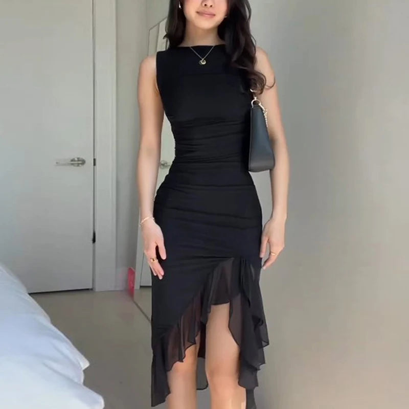 Women Sleeveless Mesh Midi Dress, Crew Neck Side Ruched Asymmetrical Ruffle Slit Bodycon Club Party Evening Dress