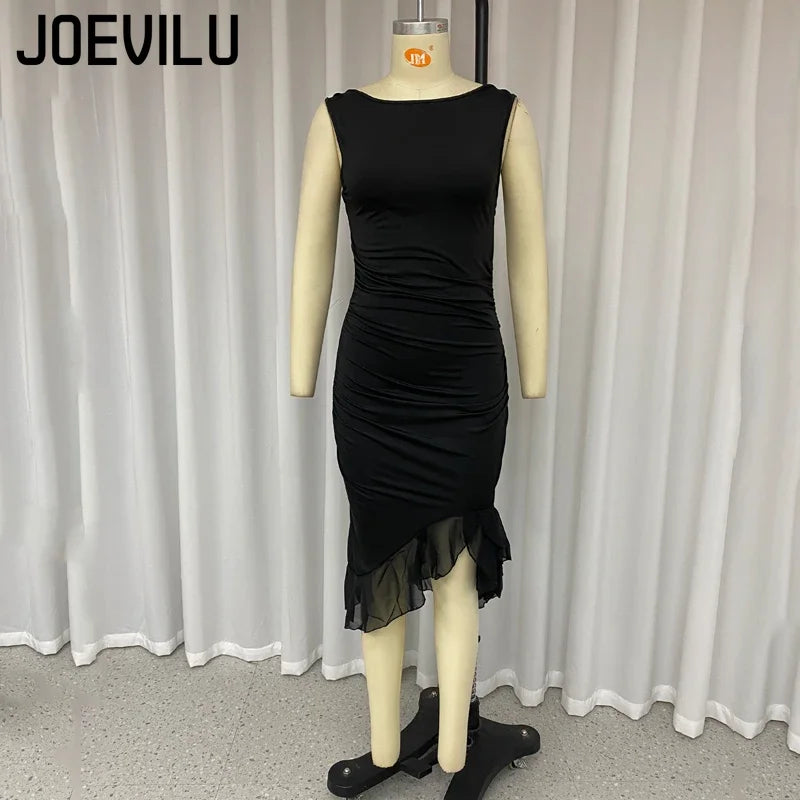 Ladies Summer Sexy Dresses Solid Colour Sleeveless Waist Slimming Mesh Short Dresses Backless Ruffle Irregular Party Dresses
