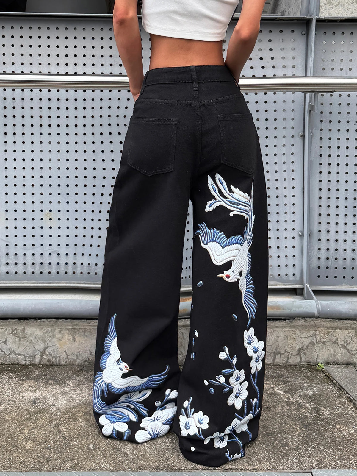 Jeans American Street Hot-Selling Women's Retro Washed Black Wide-Leg Jeans With Phoenix And Floral Niche Design Print High-Waist Baggy Y2K Spicy Girl Trousers