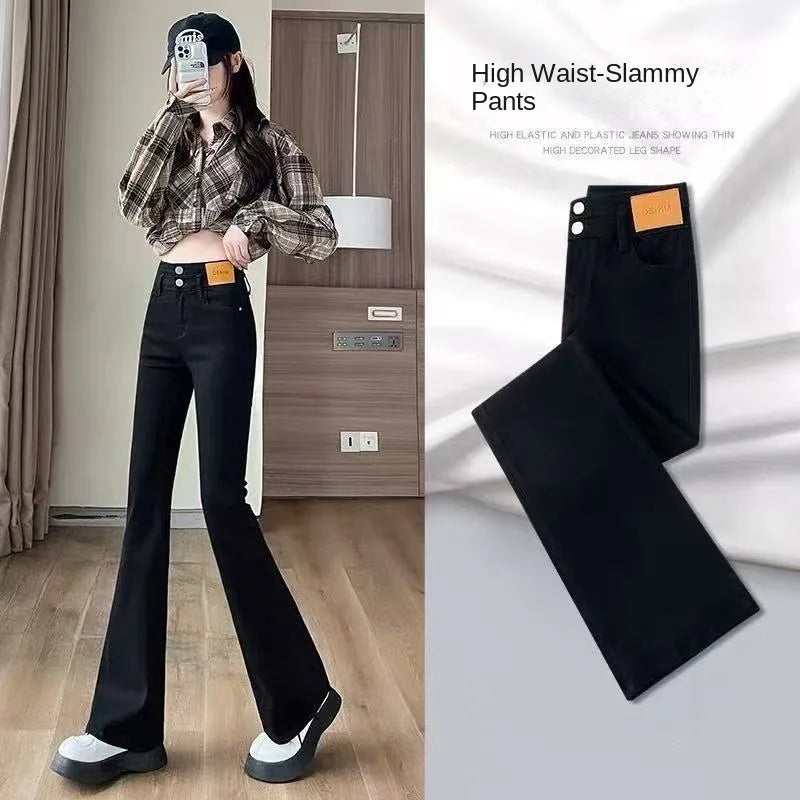 Women's Jeans Pants Black Flare High Waist Slimming Trendy Bell Bottom Denim Casual Streetwear Retro