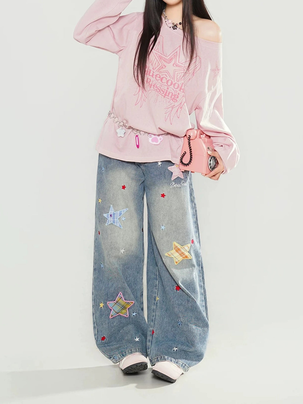 Casual Loose Wide Leg Jeans Women's Design Sense Star Embroidery Straight Street Style Blue Denim Pants Low Waist Zipper