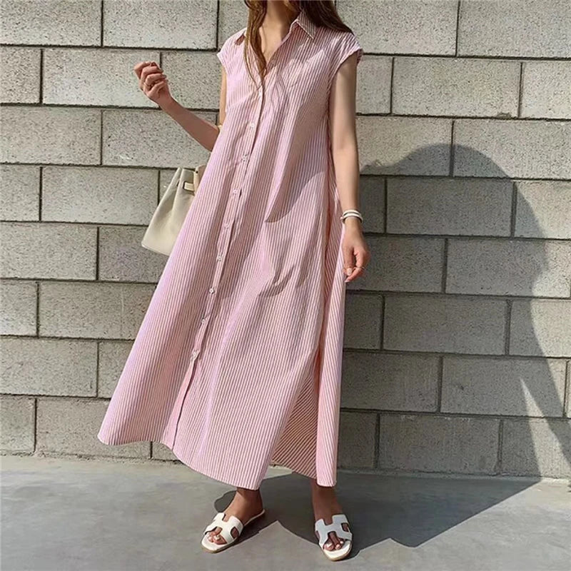 Women's Summer Striped Tie Waist Slim Fit Midi Sleeveless Shirt Dress Casual Office Lady Elegant With Pockets Dress DR1970